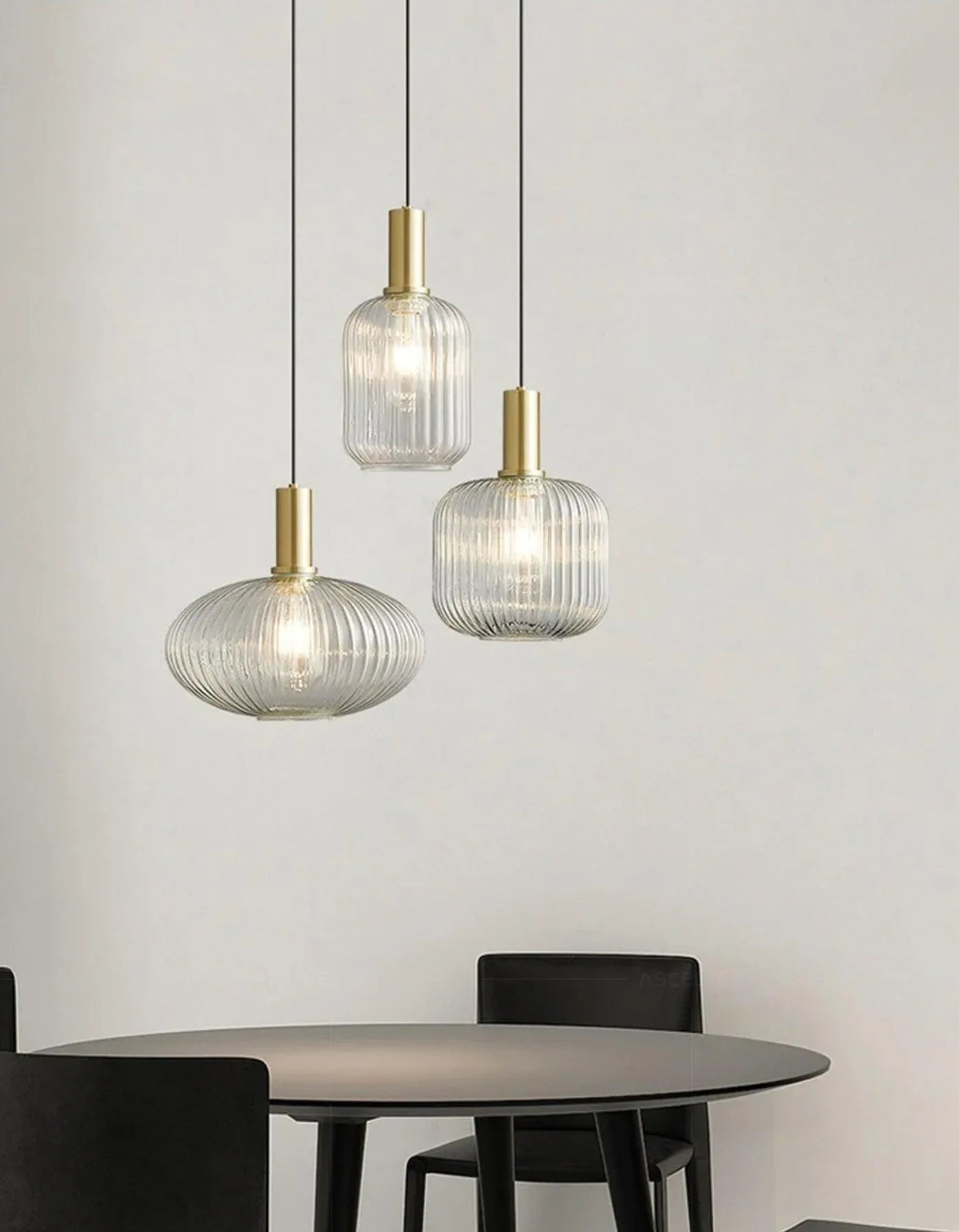 Amber Ribbed Glass Pendant Lights – Set of 3 Hanging Lamps with Gold Accents