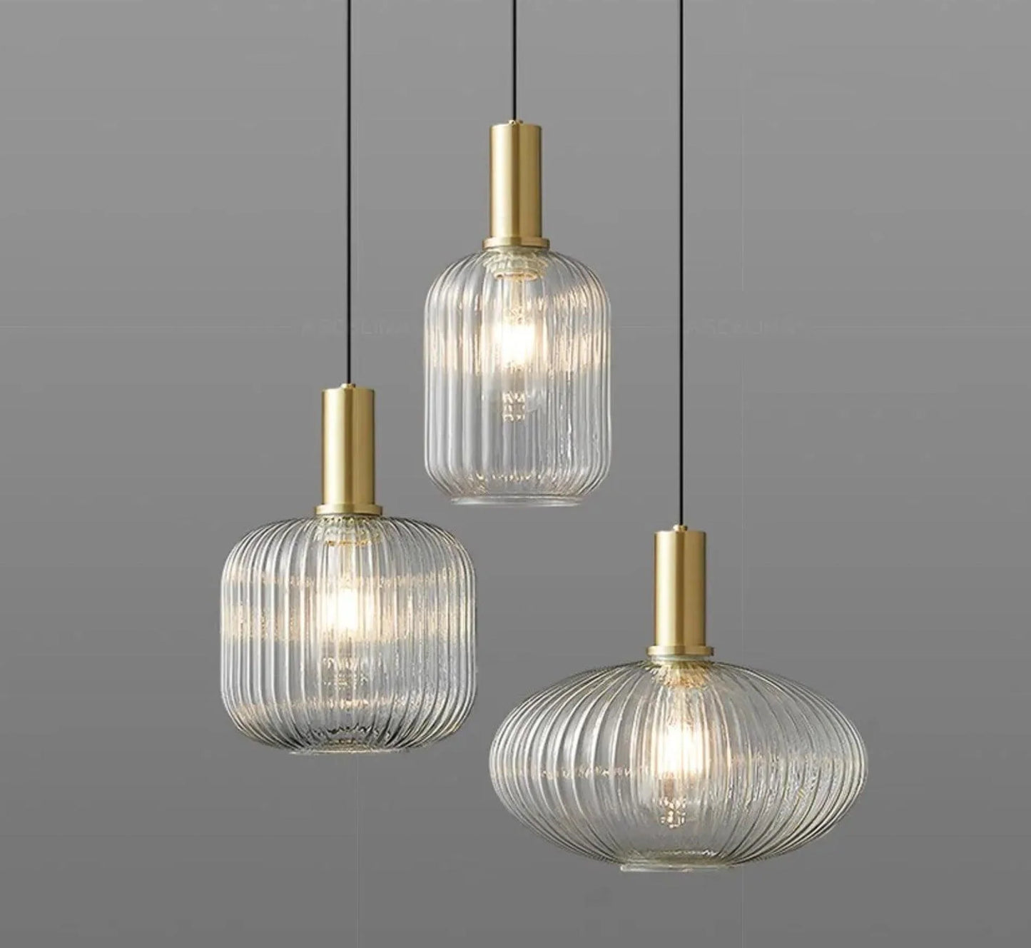 Amber Ribbed Glass Pendant Lights – Set of 3 Hanging Lamps with Gold Accents