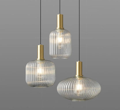 Amber Ribbed Glass Pendant Lights – Set of 3 Hanging Lamps with Gold Accents