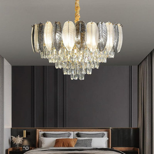 Luxury 600MM Feather Glass Crystal LED Chandelier – Gold Metal Body (Warm White)