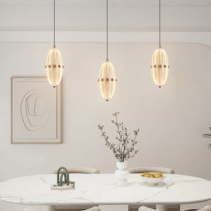 Modern Ribbed Glass Capsule Pendant Light – Gold Finish Hanging Lamp