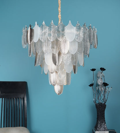 ORREN WHITE & GOLD GLASS CHANDELIER  LARGE